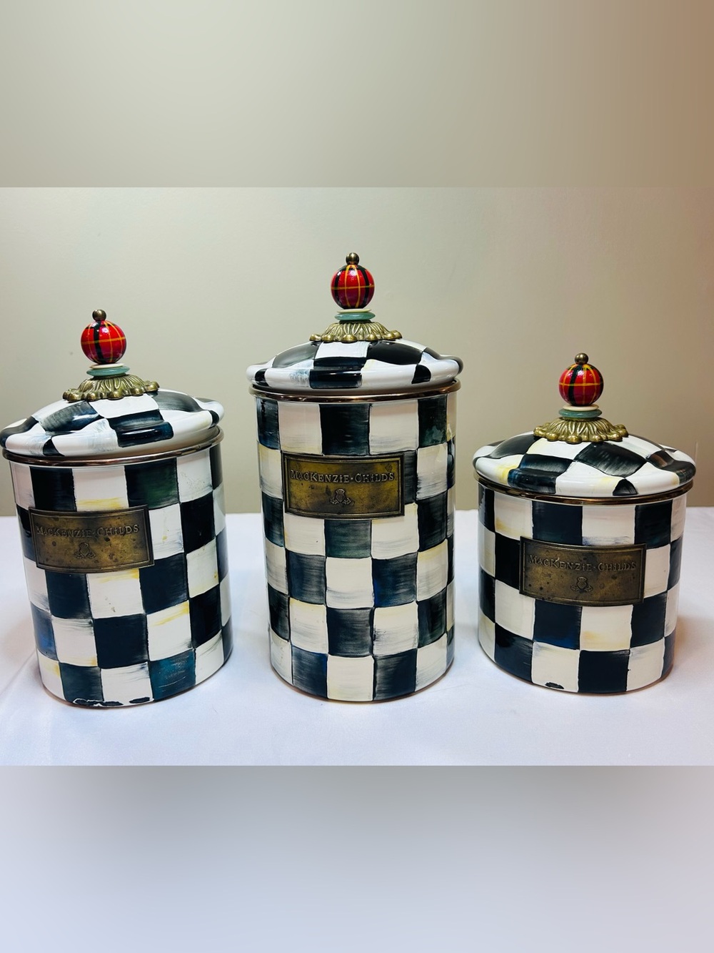 MacKenzie-Childs Black & White Courtly Check Canister Set with Red Finials